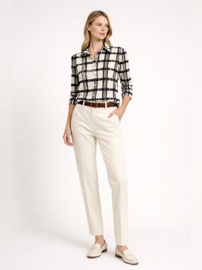 J. McLaughlin Plaid Blouse Top Cream Brown Stretch Knit Size Small Preppy